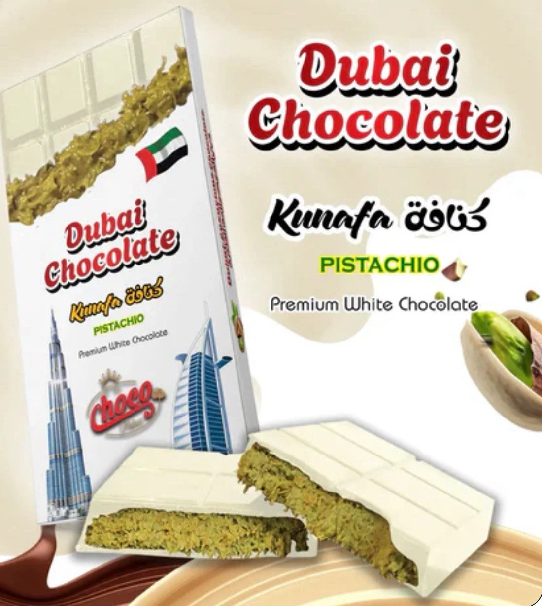 Premium Pistachio White Chocolate Bar 200g~ Fresh From Dubai