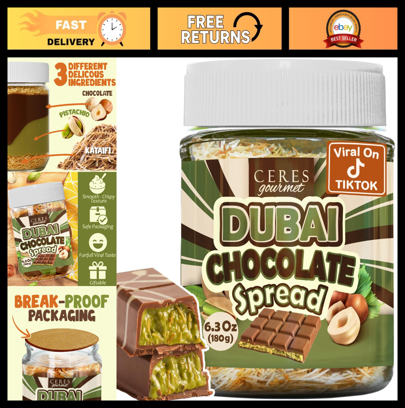 Gourmet Chocolate Spread with Pistachio & Kataifi – 6.35 oz for Pancakes, Desser