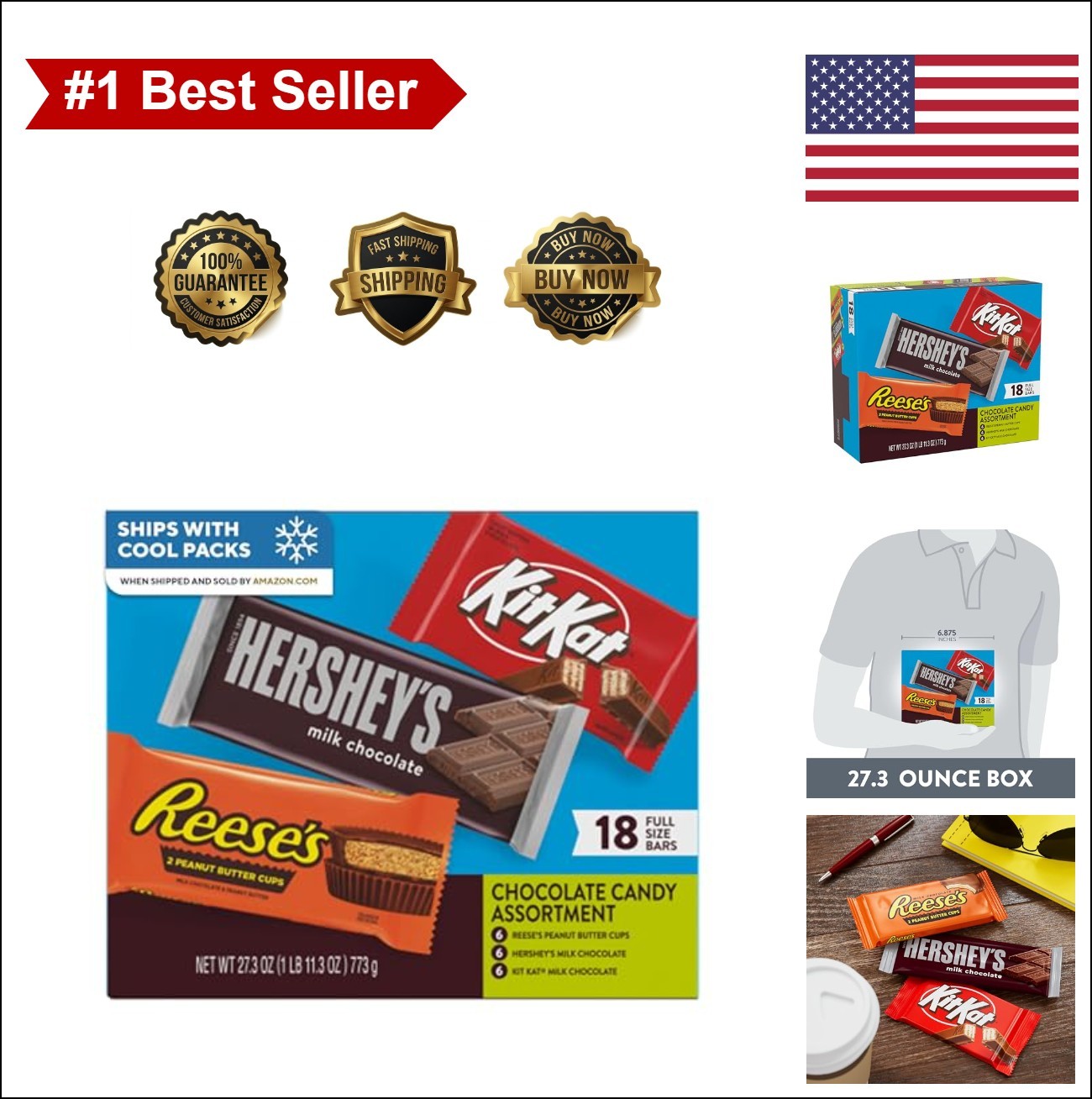 Assorted Milk Chocolate Candy Variety Box 18 Count 27.3 oz Full Size Bars Kosher