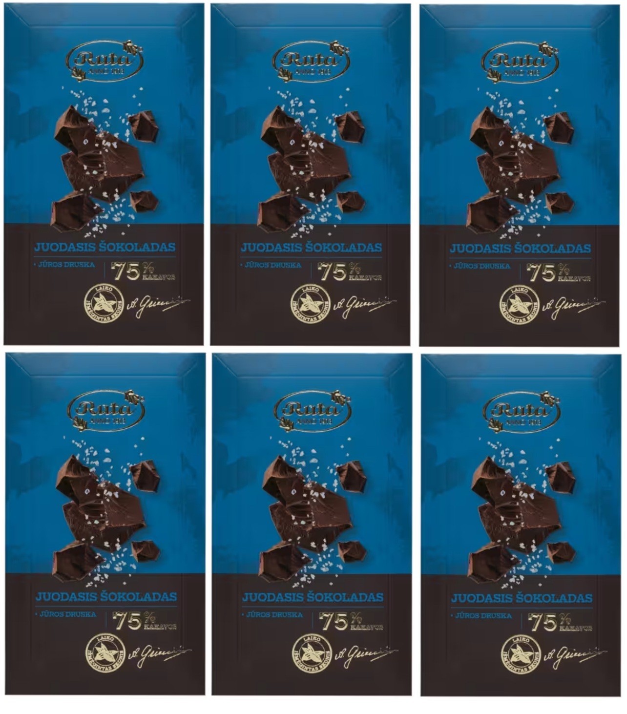 6x Ruta 75 Percent Dark Chocolate with Sea Salt 90g Rich Cocoa Dessert Bar