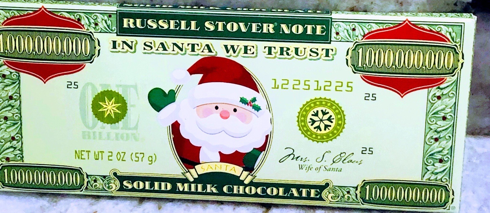 Russell Stove Note Solid Milk Chocolate Bar. 2.oz/57 gm. “In Santa We Trust”.