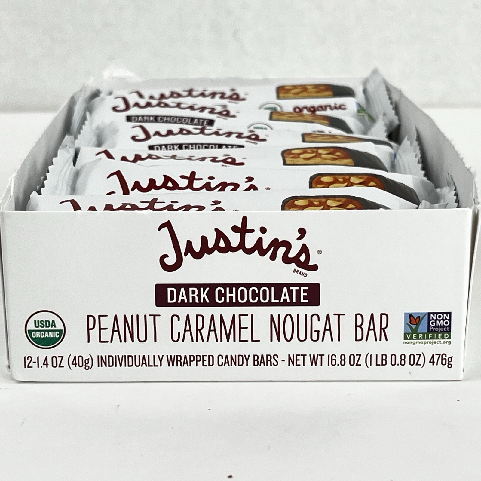 Justins Organic DARK Chocolate Nougat Peanut Caramel-12 Bars-B.B.Date: 6/18/2026