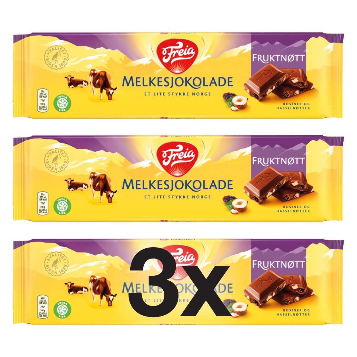 3x Freia Melkesjokolade Fruktnøtt 200g – Norwegian Chocolate Hazelnuts & Raisins