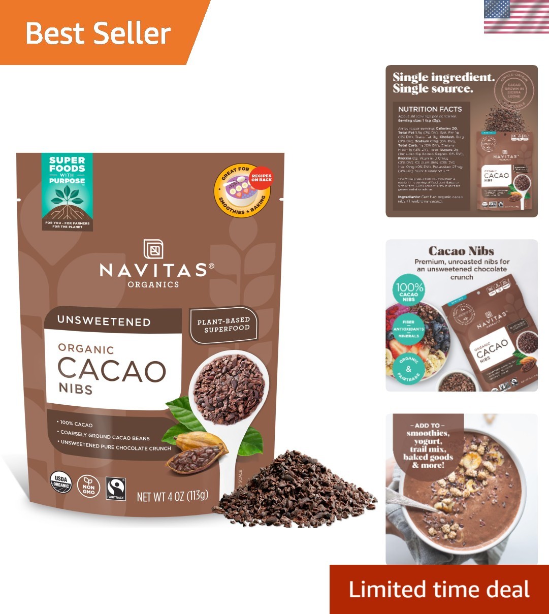 Organic Cacao Nibs – Unsweetened Dark Chocolate Crunch for Healthy Baking – 4oz