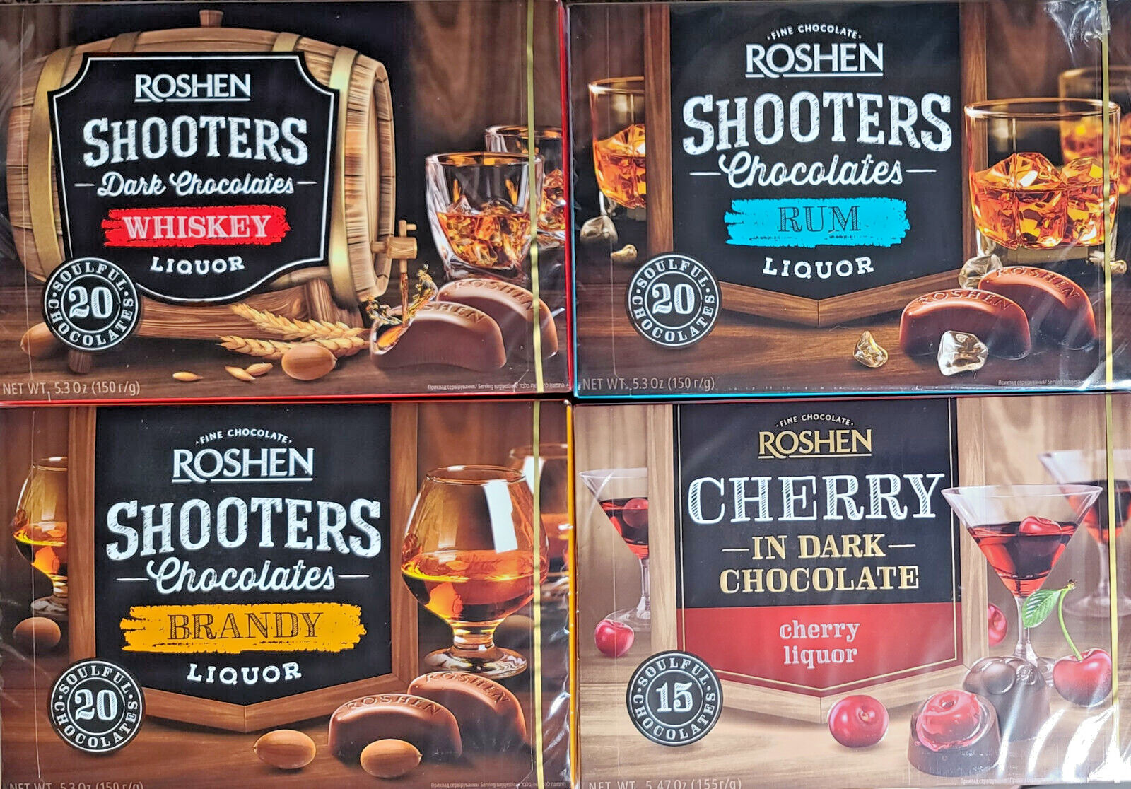 ROSHEN *SHOOTERS* Chocolate 4 GIFT BOX 150g Rum Whiskey Cherry Liqueur Ukraine