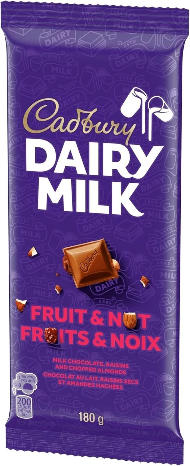 (10 pack)CADBURY DAIRY MILK, Fruit & Nut Chocolate Bar,Chopped Almonds, 180 g