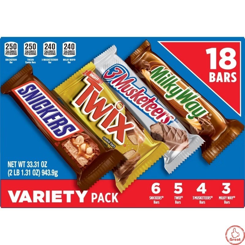 Snickers, Twix, Milky Way & More Full Size Chocolate Candy Bar Assortment 18ct