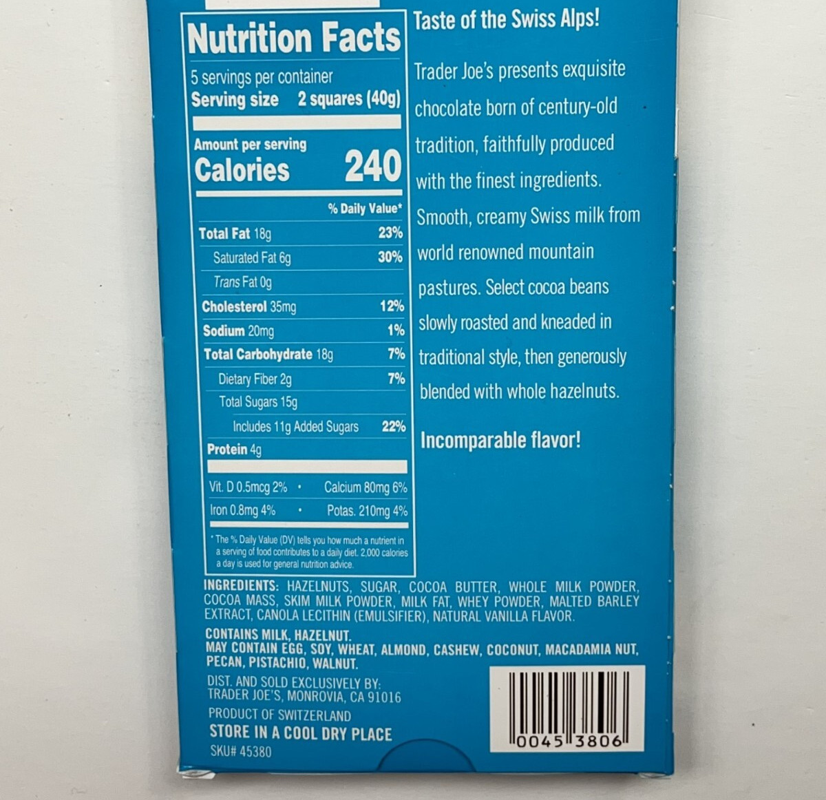 6 PACKS TRADER JOE’S SWISS MILK CHOCOLATE WITH 30% WHOLE HAZELNUTS 7 OZ Each Bar