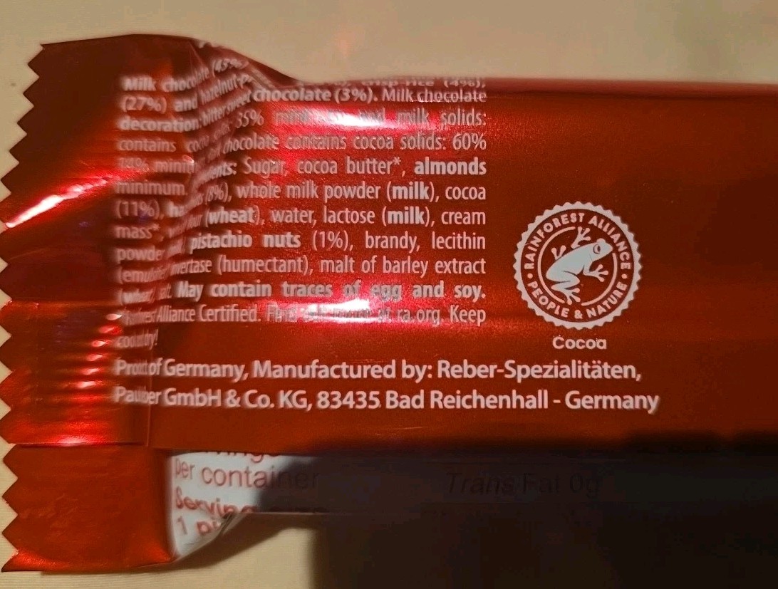 THE REBER MOZART Milk CHOCOLATE NOUGAT PIANO BAR PISTACHIO, 45 g Marzipan 1.6oz