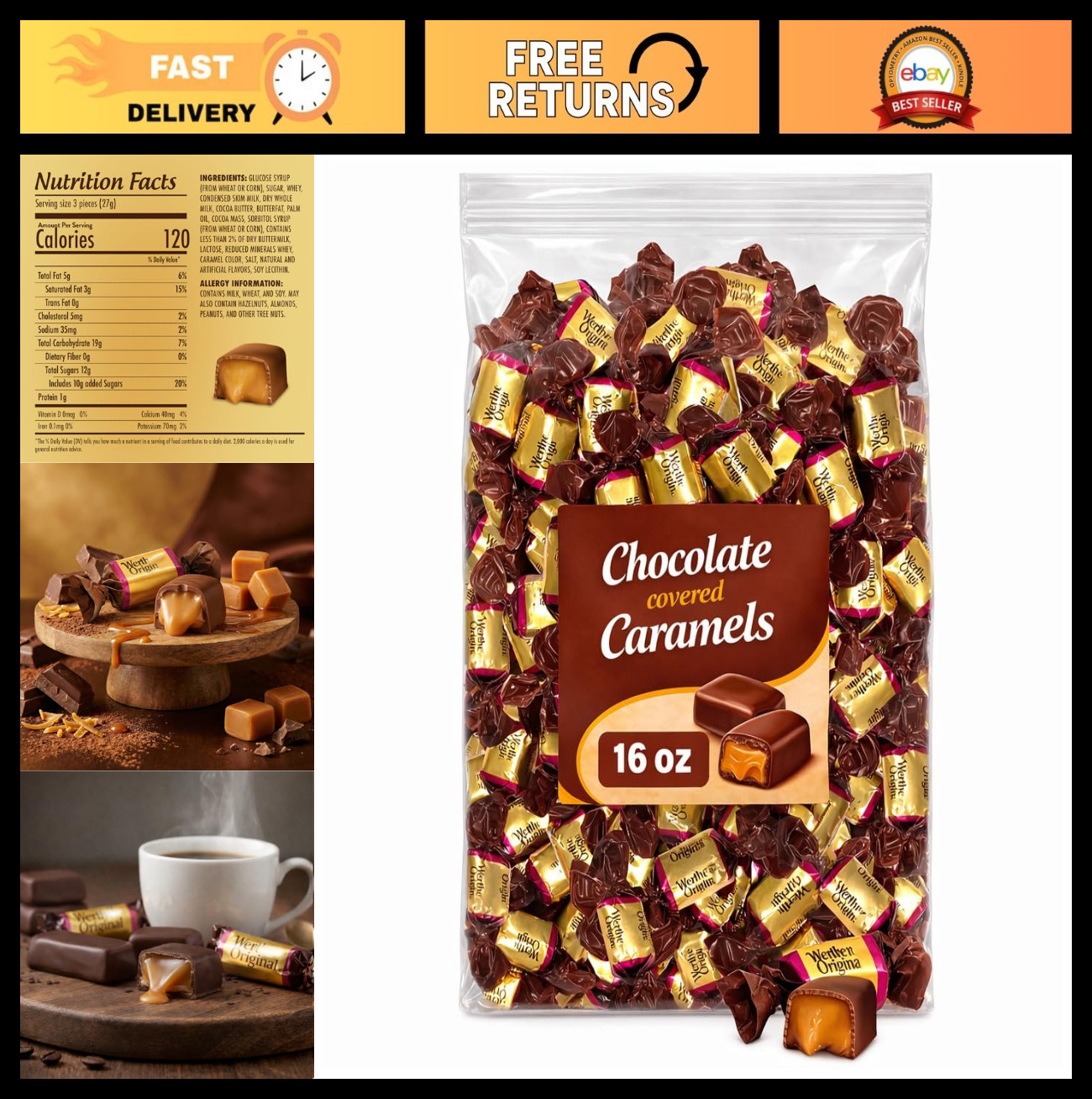 Bulk Chocolate Covered Caramels – Soft Creamy Candy, Individually Wrapped 1lb Ba