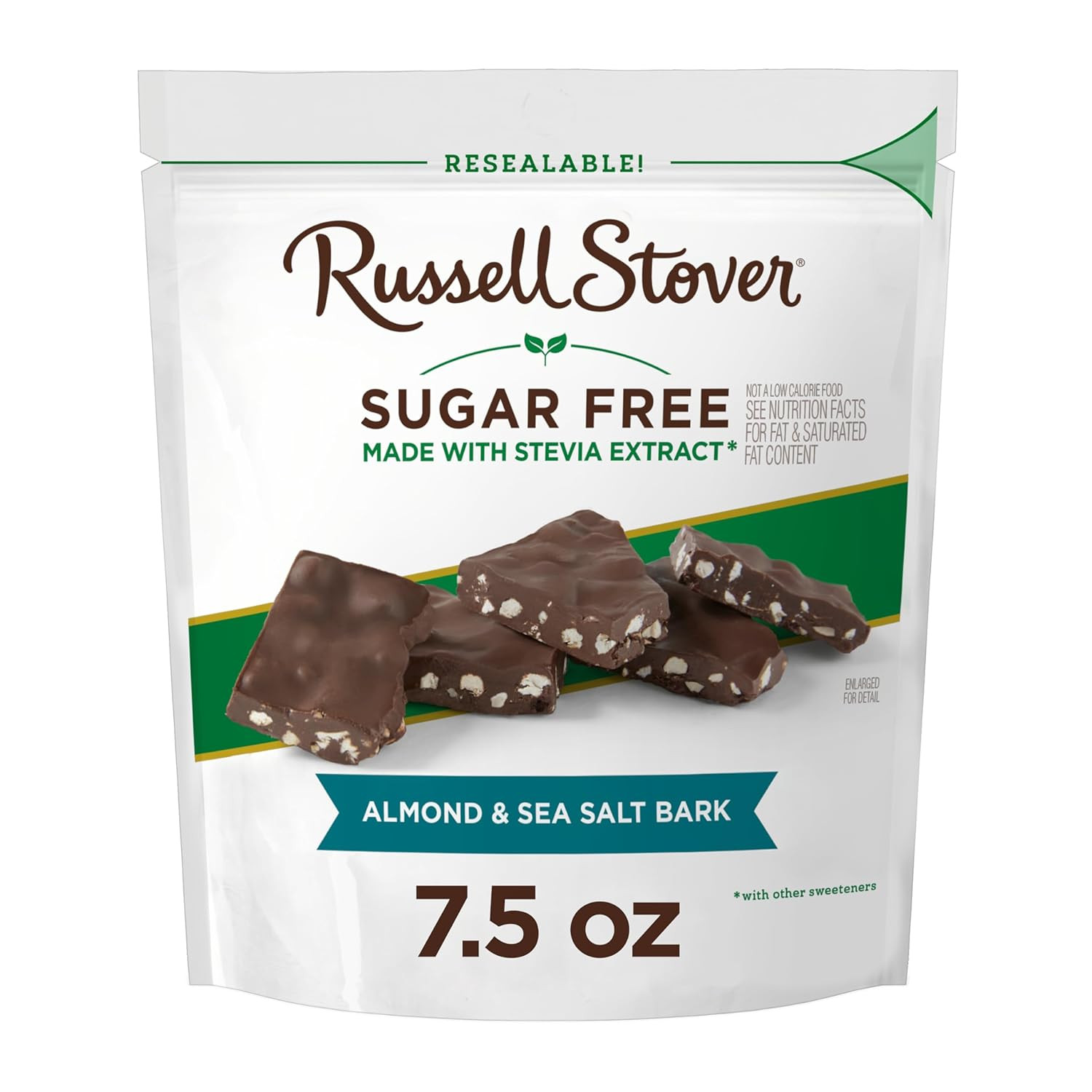 RUSSELL STOVER Sugar Free Dark Chocolate Almond & Sea Salt Bark, 7.5 Oz Bag (≈ 2