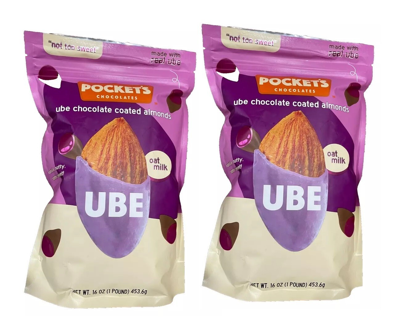 2-PACK Pocket’s Chocolates Ube Chocolate Coated Almonds Oat Milk 16 OZ each