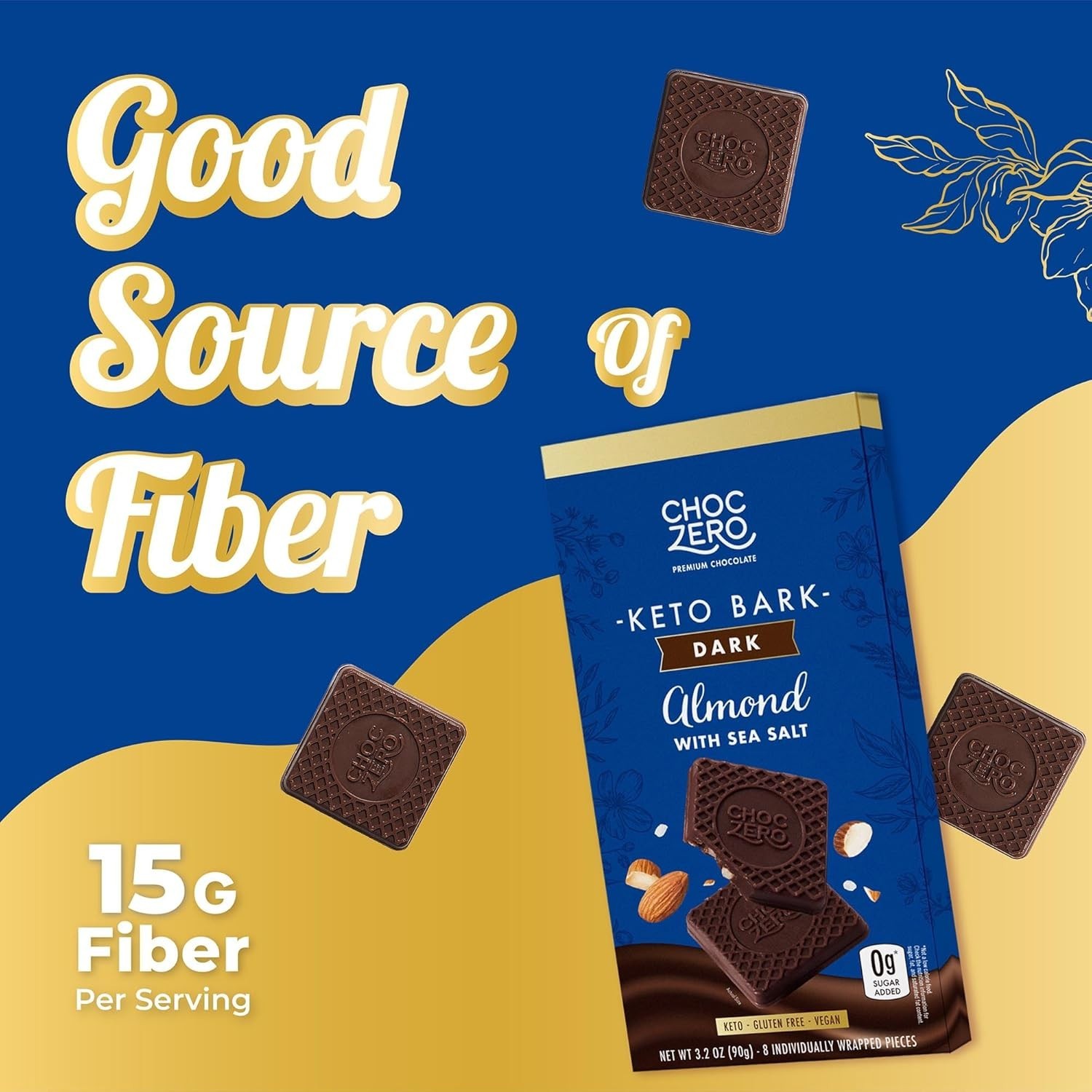 High Fiber Dark Chocolate Almond Bark with Sea Salt – Sugar Free & 3.2oz