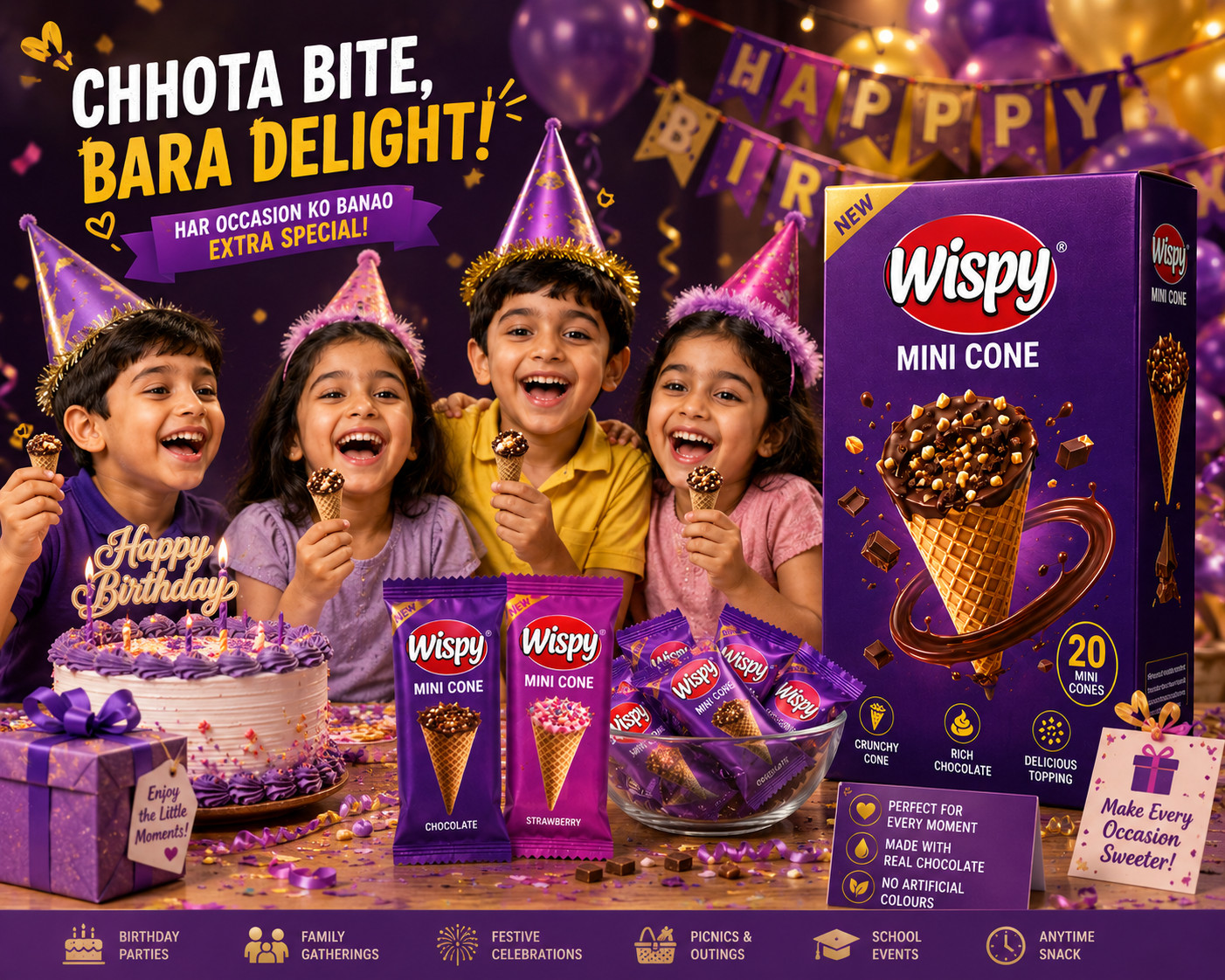 Pack of 2 Hilal Wispy Mini Cones Chocolate Crispy Wafer Snack 20 Pieces Box