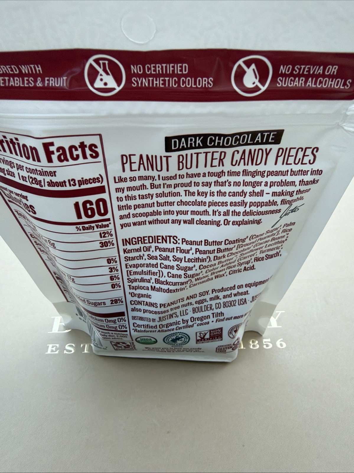 Justin’s Dark Chocolate Peanut Butter Candy Pieces 4.5 Oz (128g) Exp:2/26/27