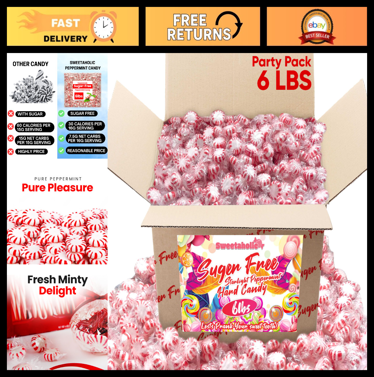 Sugar Free Peppermint Candy – 6 lbs Individually Wrapped Fresh Mints Treats