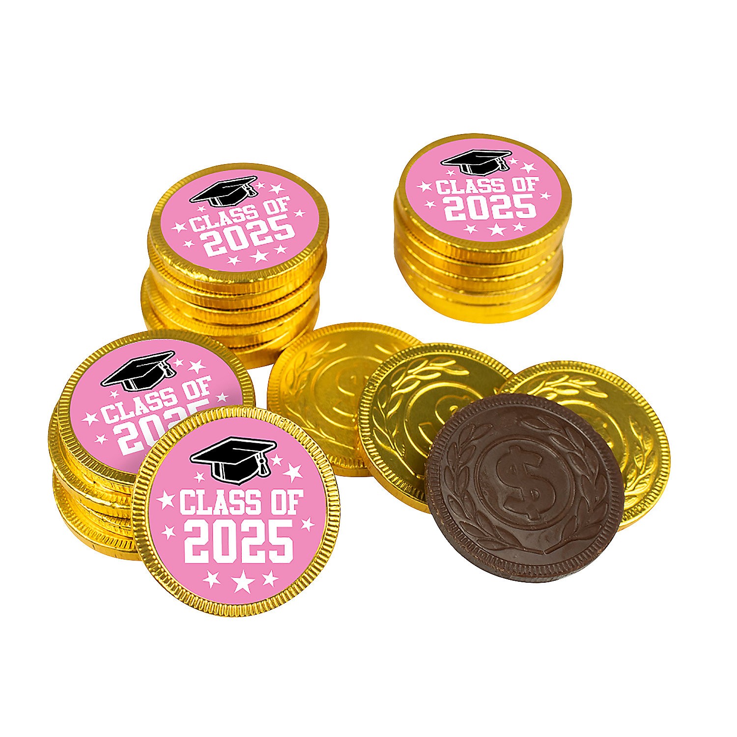 Fun Express Pink Class of 2025 Foil Wrapped Chocolate Coins – 5.5 oz, 30 Pieces