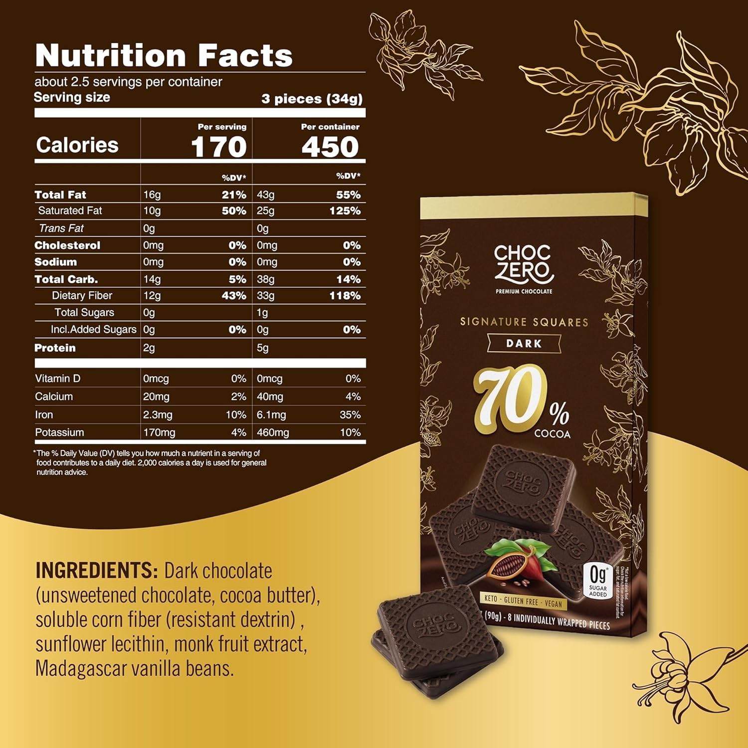 Irresistible 70% Cocoa Dark Chocolate Bars – , No Sugar Alcohols, 10.8oz