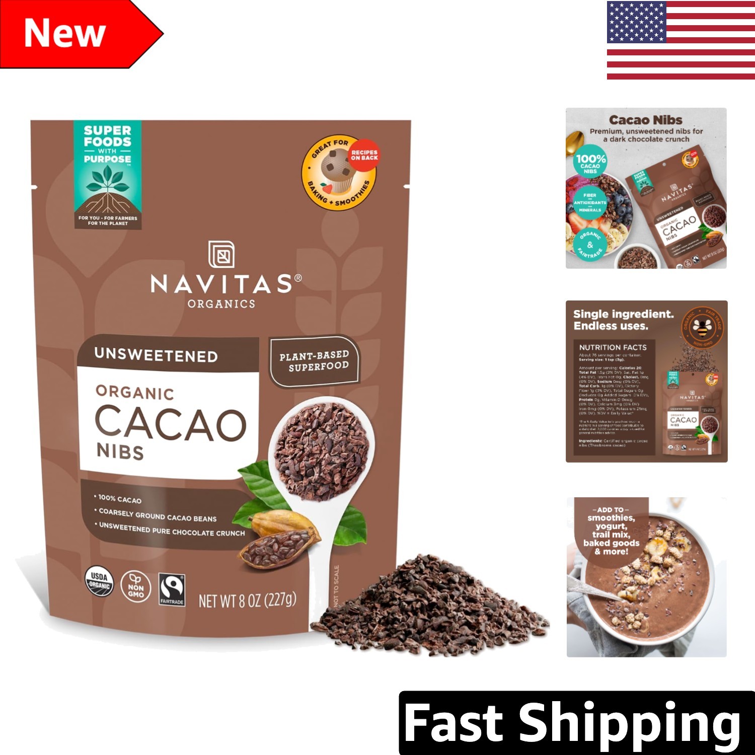 Navitas Cacao Nibs – Gluten Free Superfood with Rich Dark Chocolate Flavor