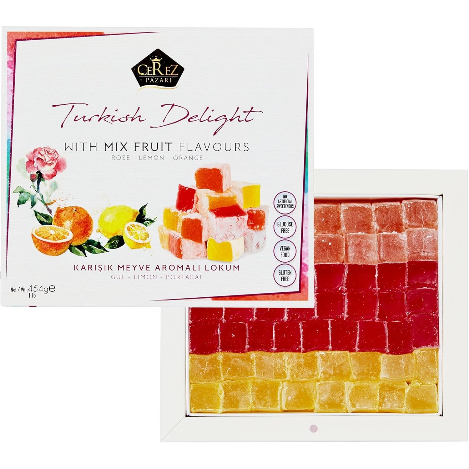 Turkish Delight Candy With Rose Orange Lemon Flavors Medium Size Gift Box Vegan