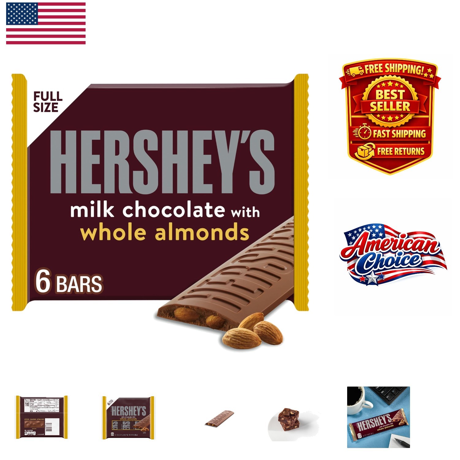 Creamy Milk Chocolate & Whole Almonds Bars, 1.45 oz Each – Perfect for Holidays
