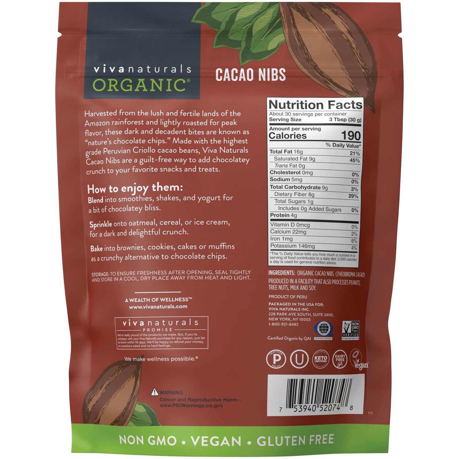 Organic Cacao Nibs, 2 lb Bag (907g) – Keto Friendly and Vegan Unsweetened Chocol