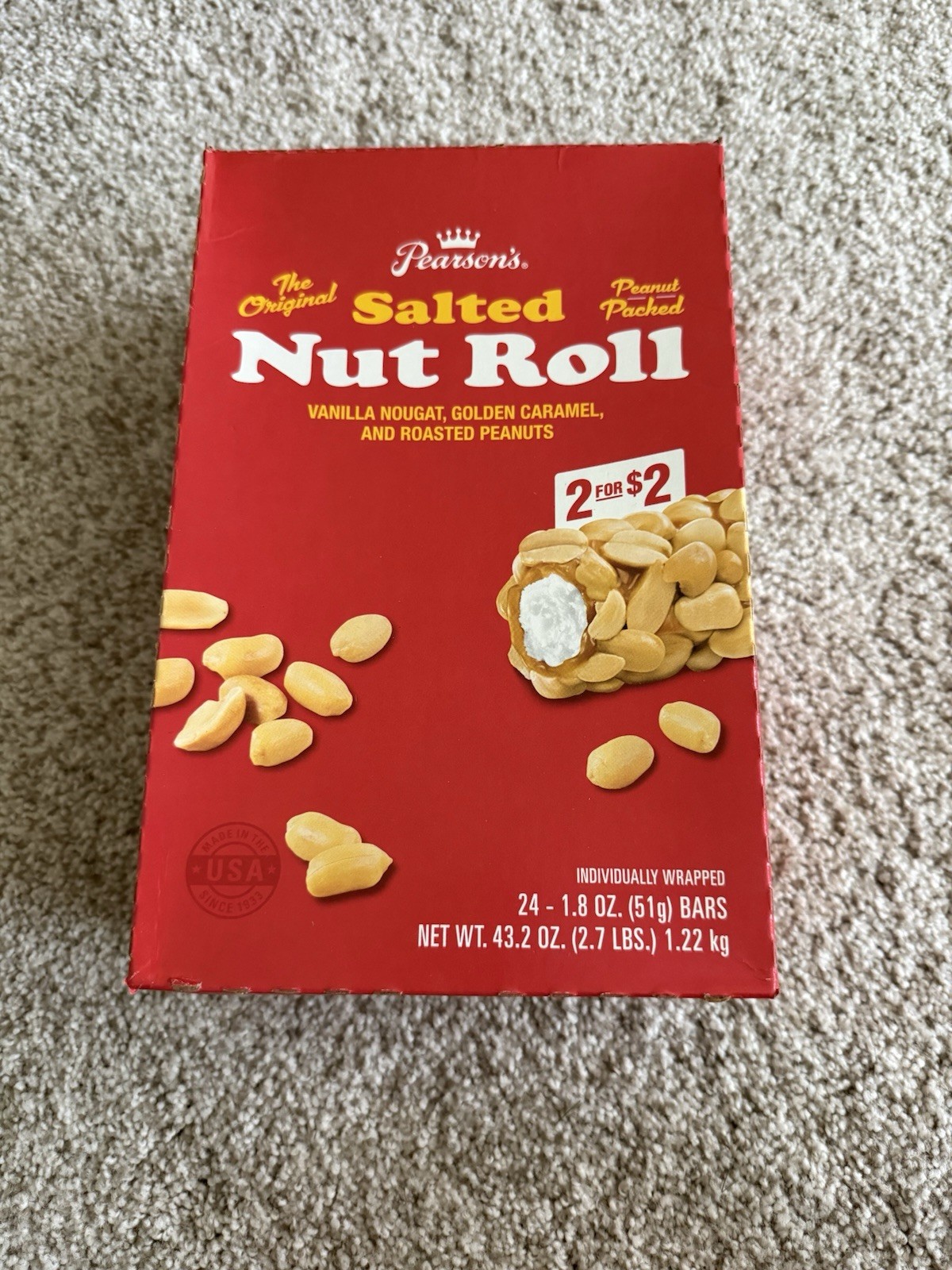 Pearson’s Salted Nut Roll Peanut, Caramel, Nougat Candy 24 Full- Size Bars