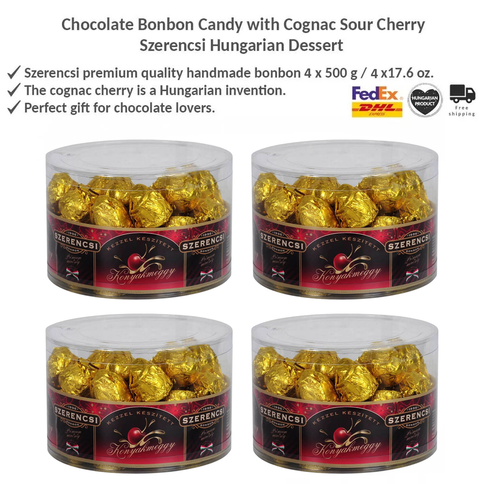 Szerencsi Filled Dark Chocolate with Cognac & Sour Cherries, Premium Treats 4x