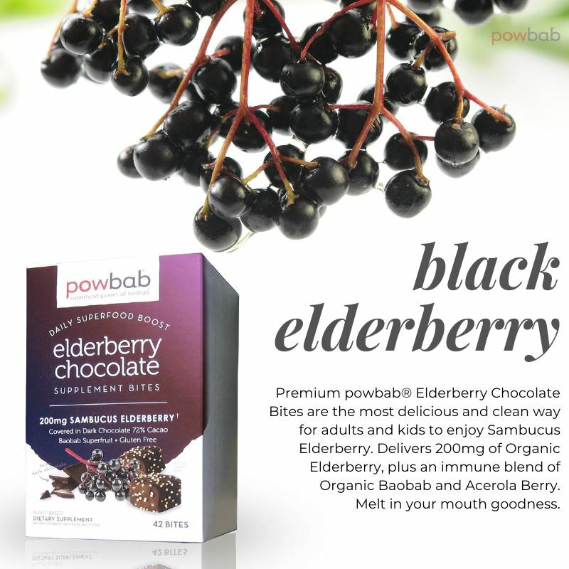 powbab Elderberry Chocolate Bites. Organic Sambucus Elderberry. 33% Less Sugar