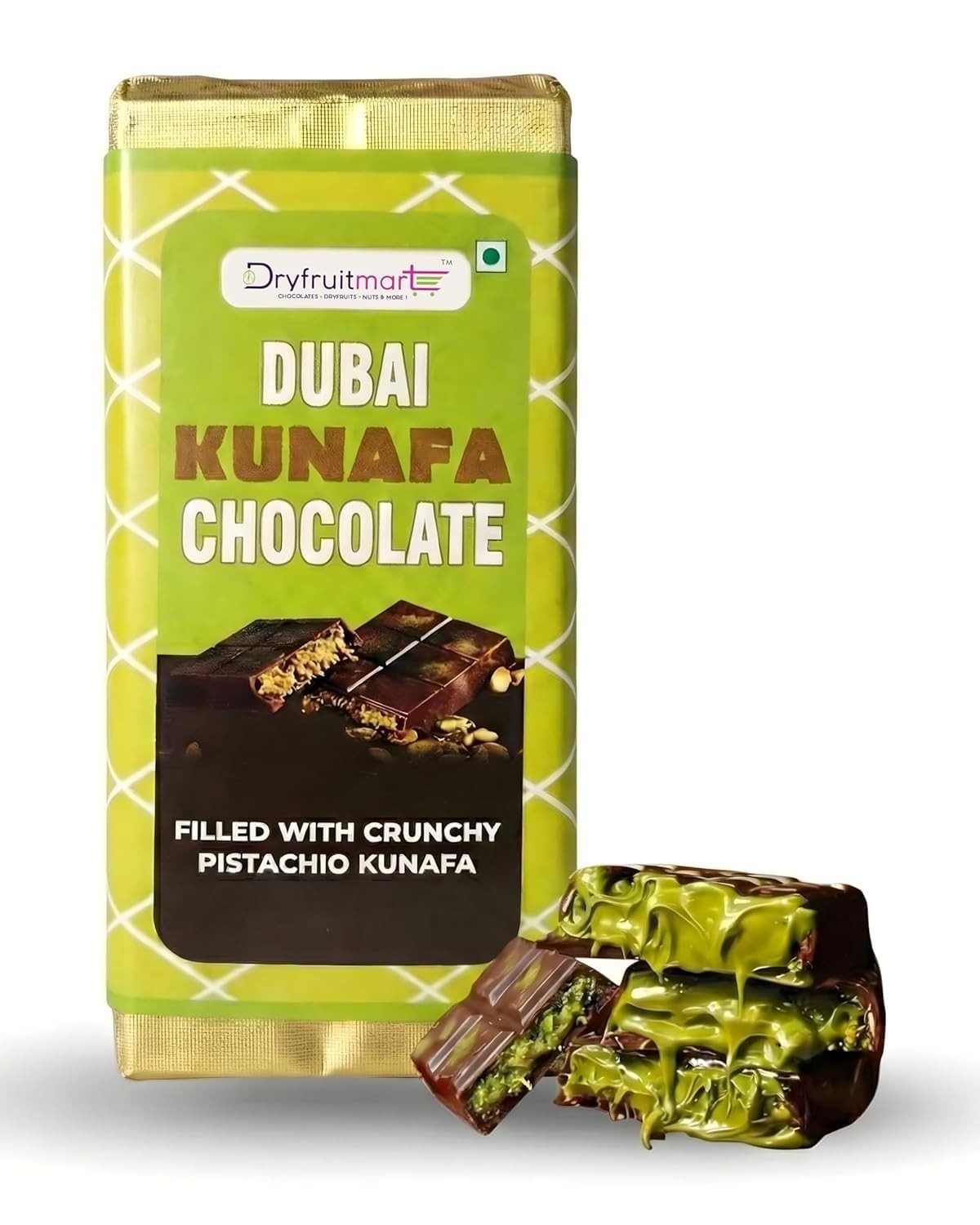 Dryfruit Dubai Kunafa Chocolate Bar, Filled With Crunchy Pistachio Kunafa 90g