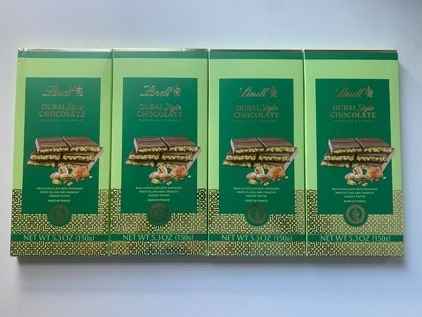 Lindt Dubai Style Milk Chocolate Candy with Pistachio and Kadayif 5.3 oz, 4 bars