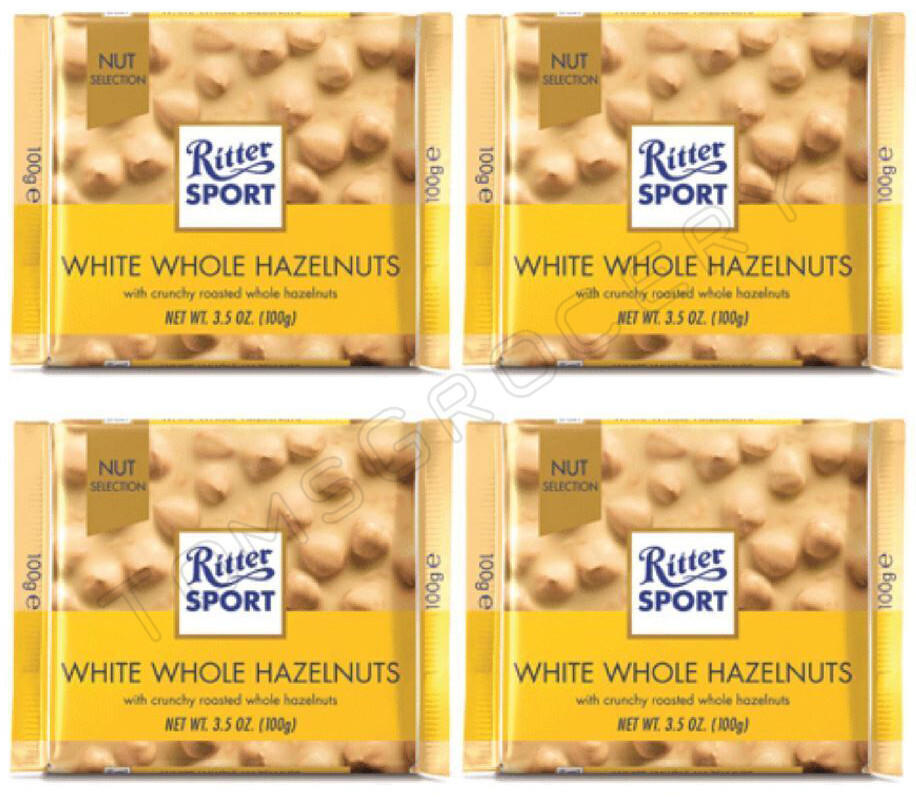 4 RITTER SPORT White Whole Hazelnuts German Chocolate Bars Sweets 100g 3.5oz