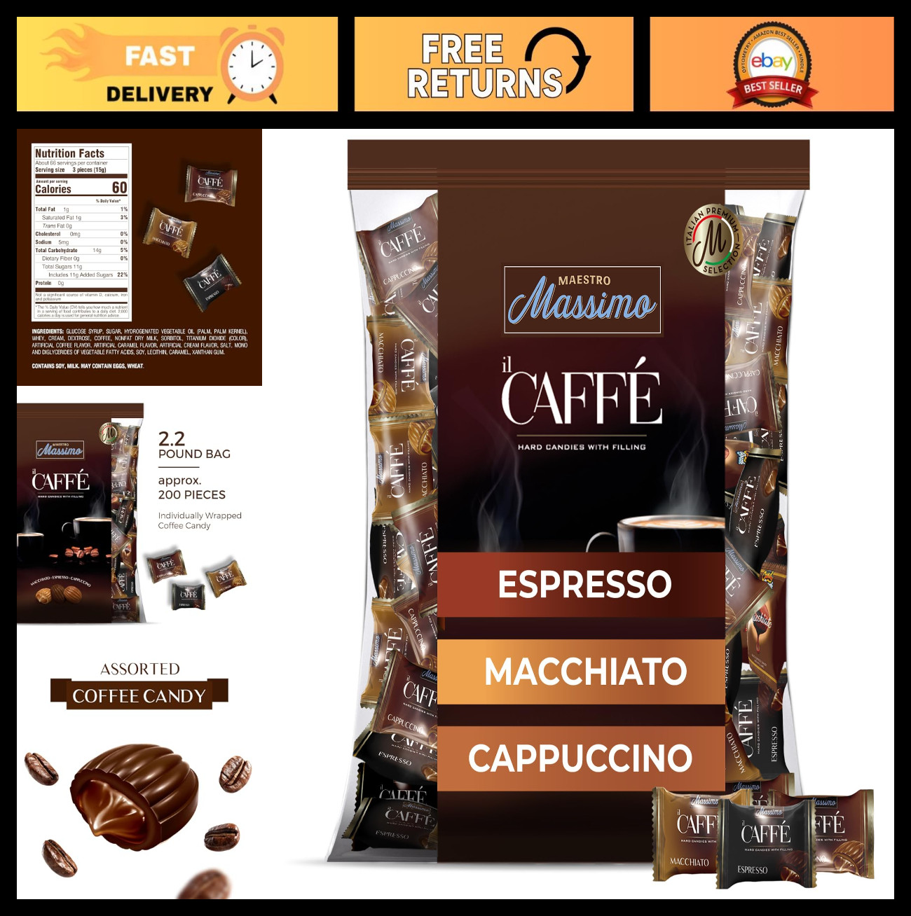 Assorted Coffee Candy – 2.2 lb Bulk Bag, Espresso, Macchiato, Cappuccino Flavors