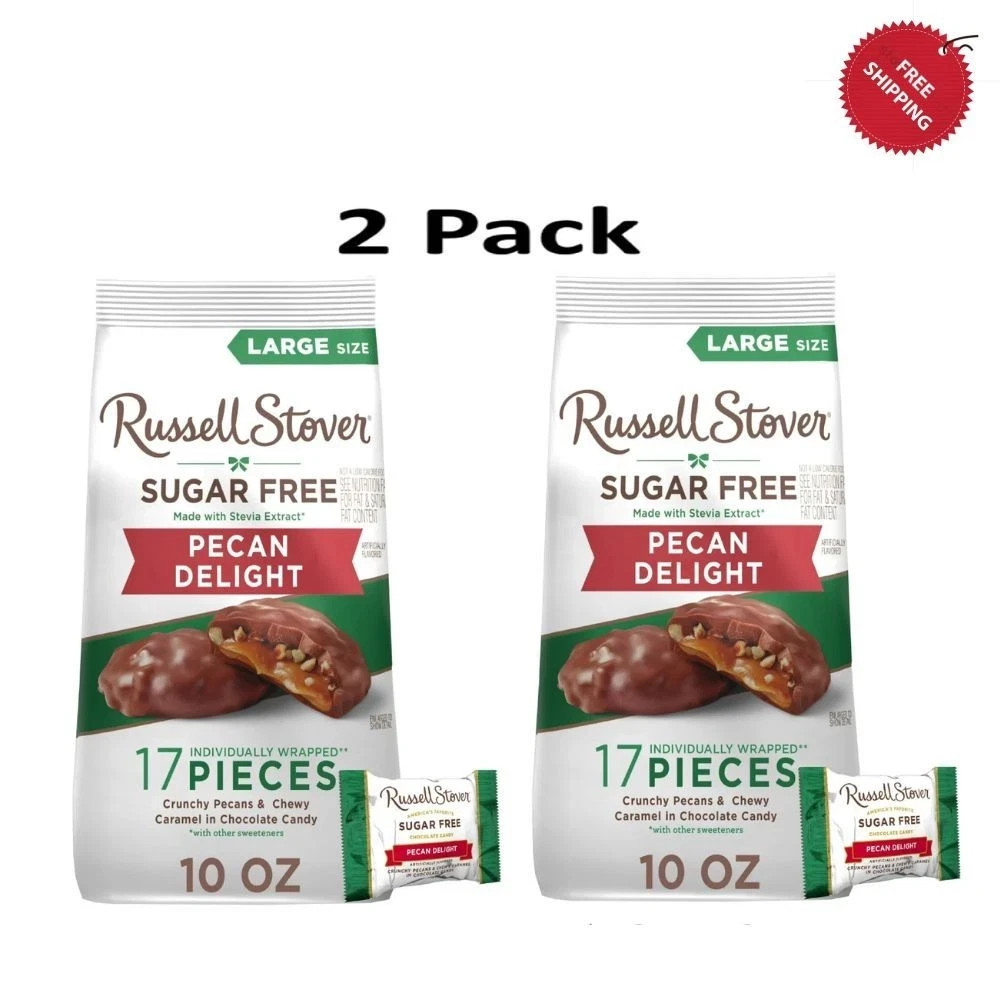 Russell Stover Sugar free Milk chocolate Pecan Delight Stand Up Bag 10 OZ 2Pack