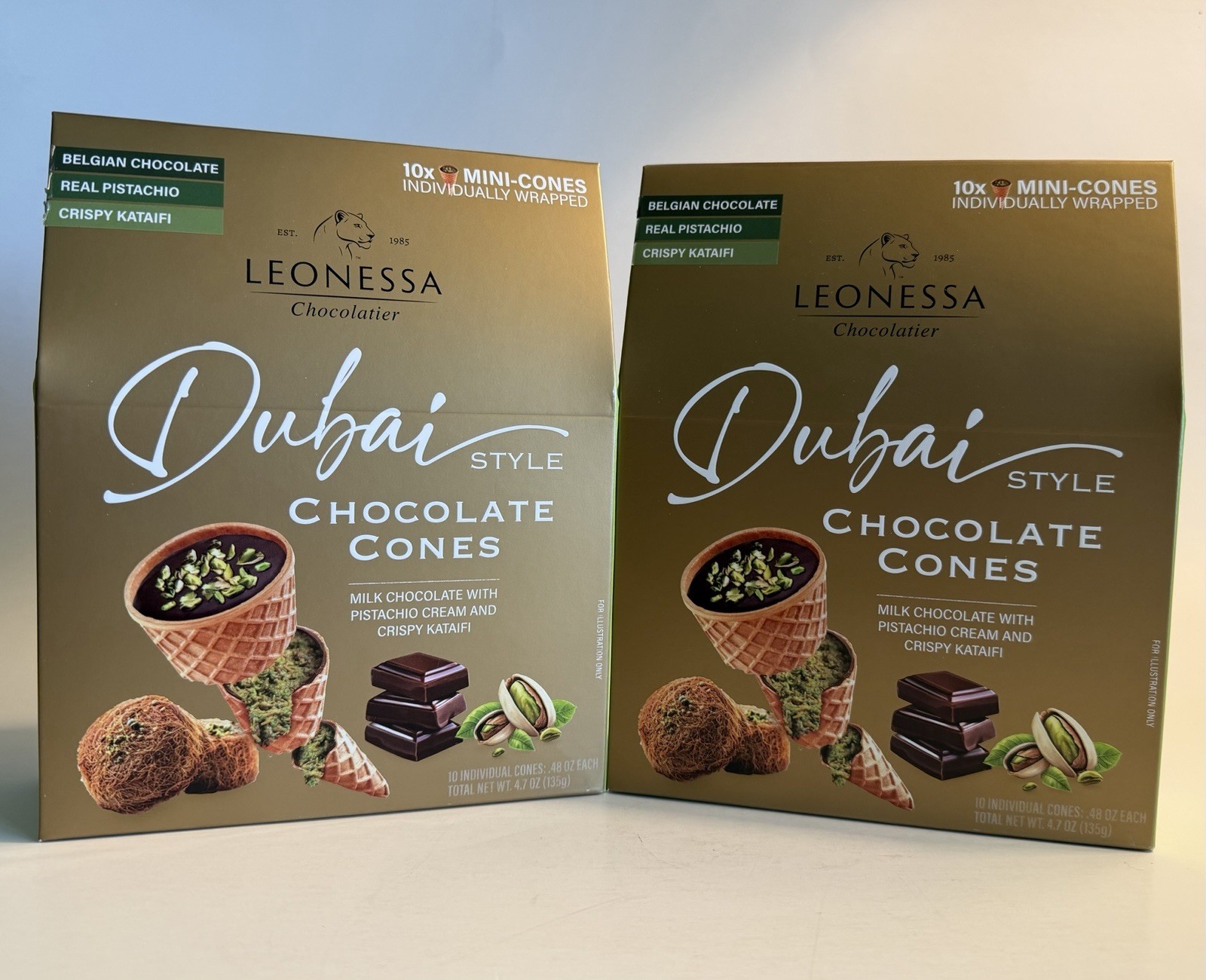 Leonessa Dubai Chocolate Cones with Pistachio Kunafa 4.7 Ounce Each (Pack of 2)