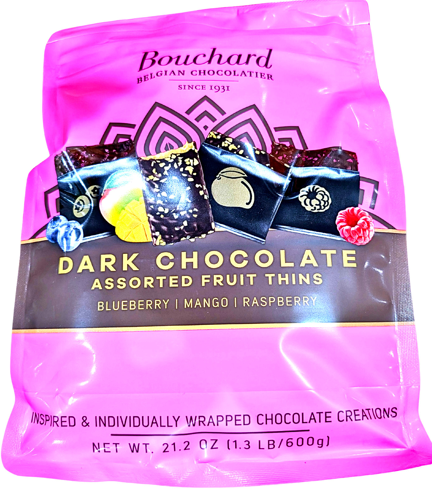 Bouchard Dark Chocolate Assorted Fruit Thins 21.2 Oz Bag EXP 12/2026