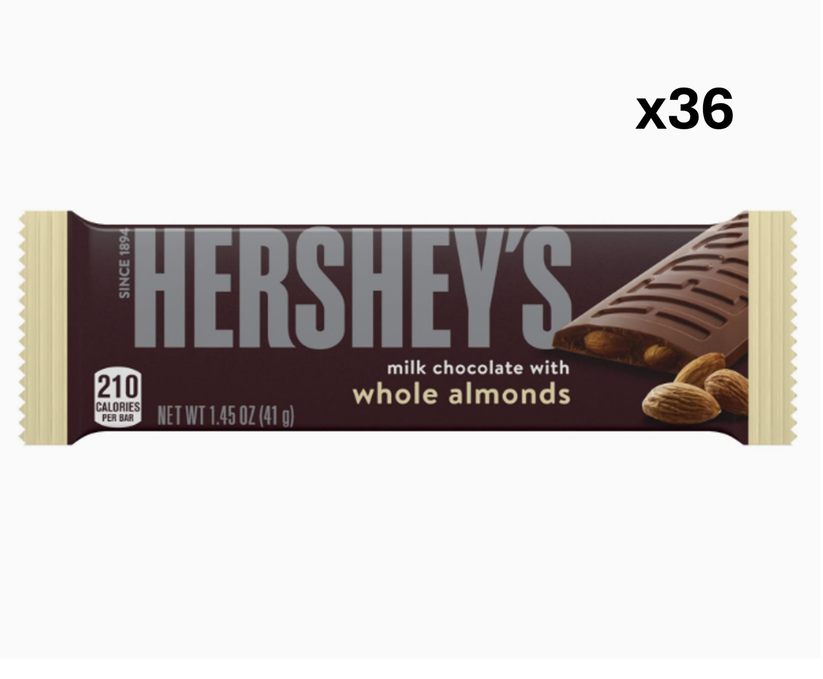 HERSHEY’S Milk Chocolate with Whole Almonds Candy Bars, 1.45 oz (36 Count)