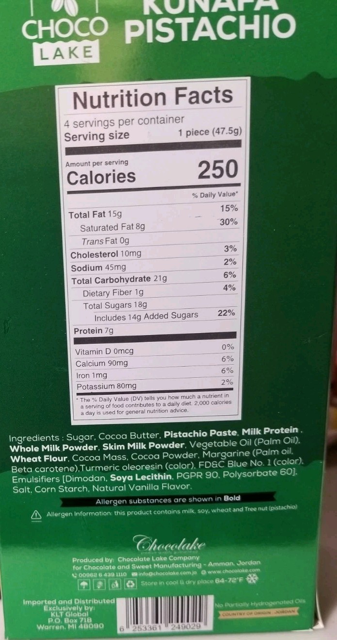 Dubai Style Milk Chocolate Bar Kunafa Pistachio Crunch Choco Lake 6.7oz 380g NIB
