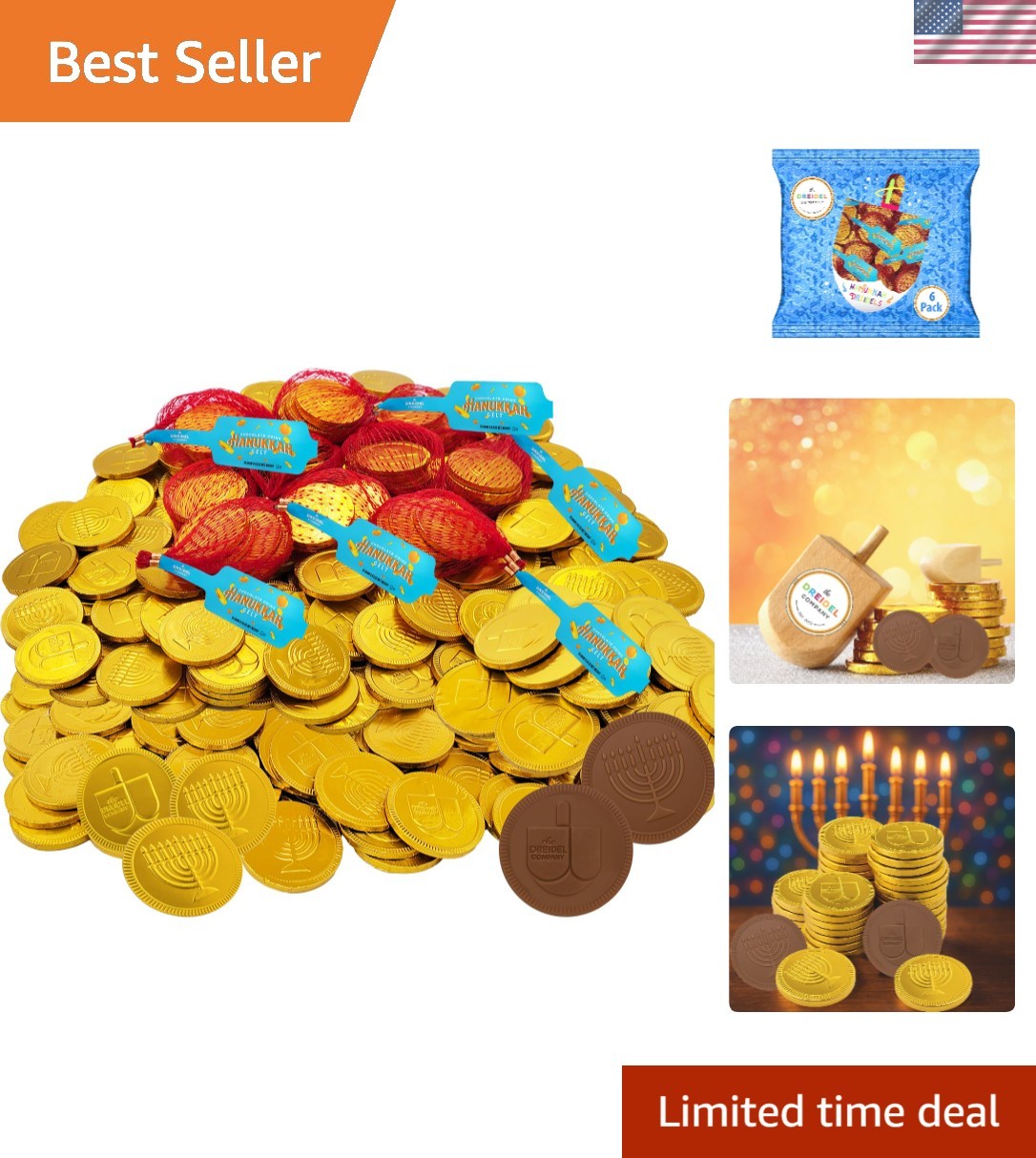 Fun Hanukkah Chocolate Coins – 6-Pack with 24 Kosher Milk Chocolate Pieces
