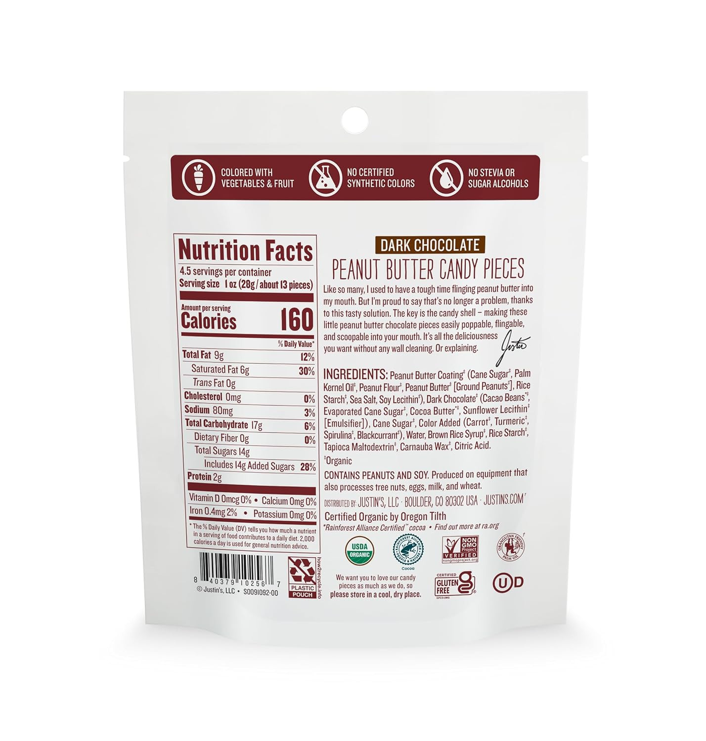Justin’S Organic Dark Chocolate Peanut Butter Candy Pieces, 4.5 Oz, (6 Pack)