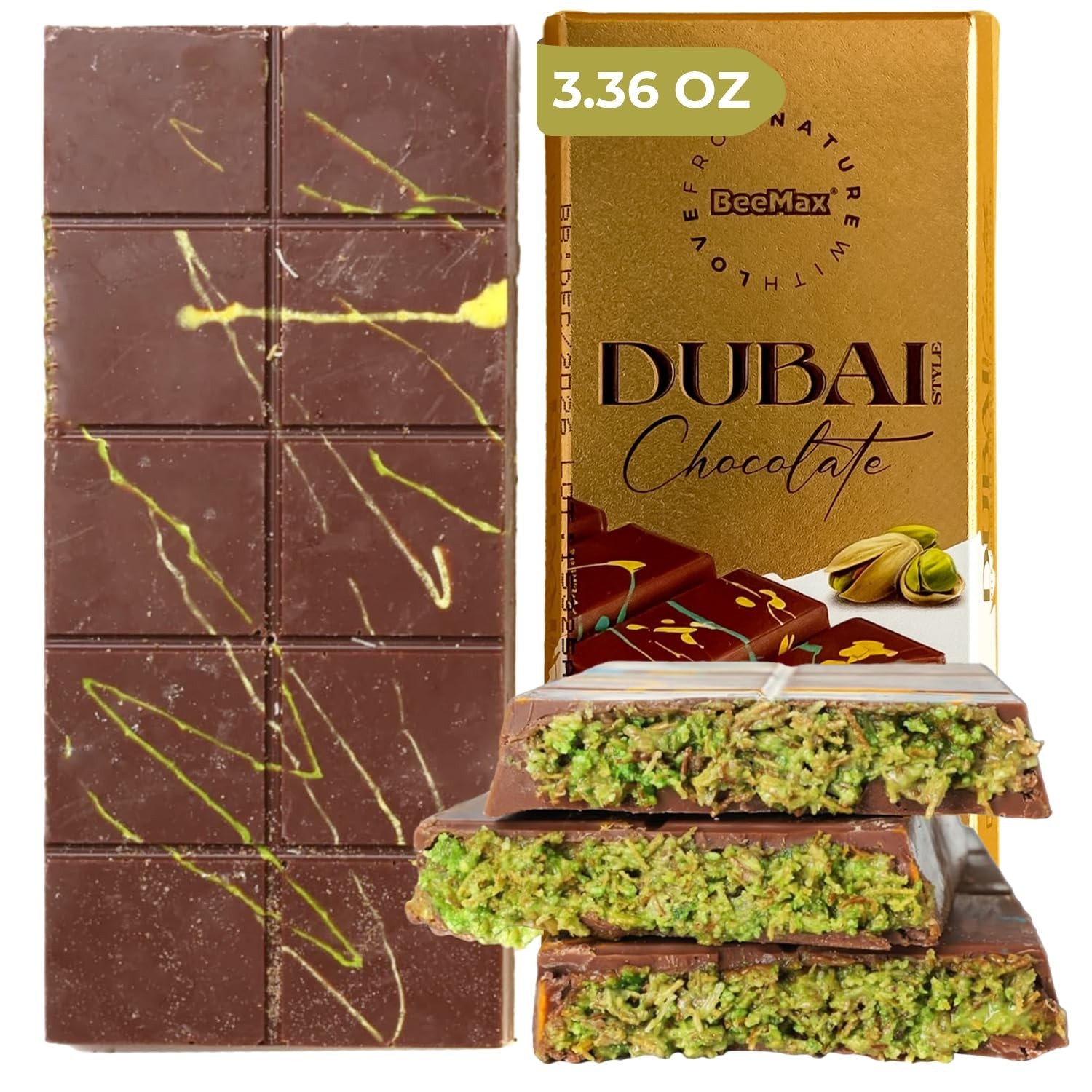 Beemax Dubai Style Pistachio Chocolate Bar 3.36 oz Gourmet Middle Eastern Treat