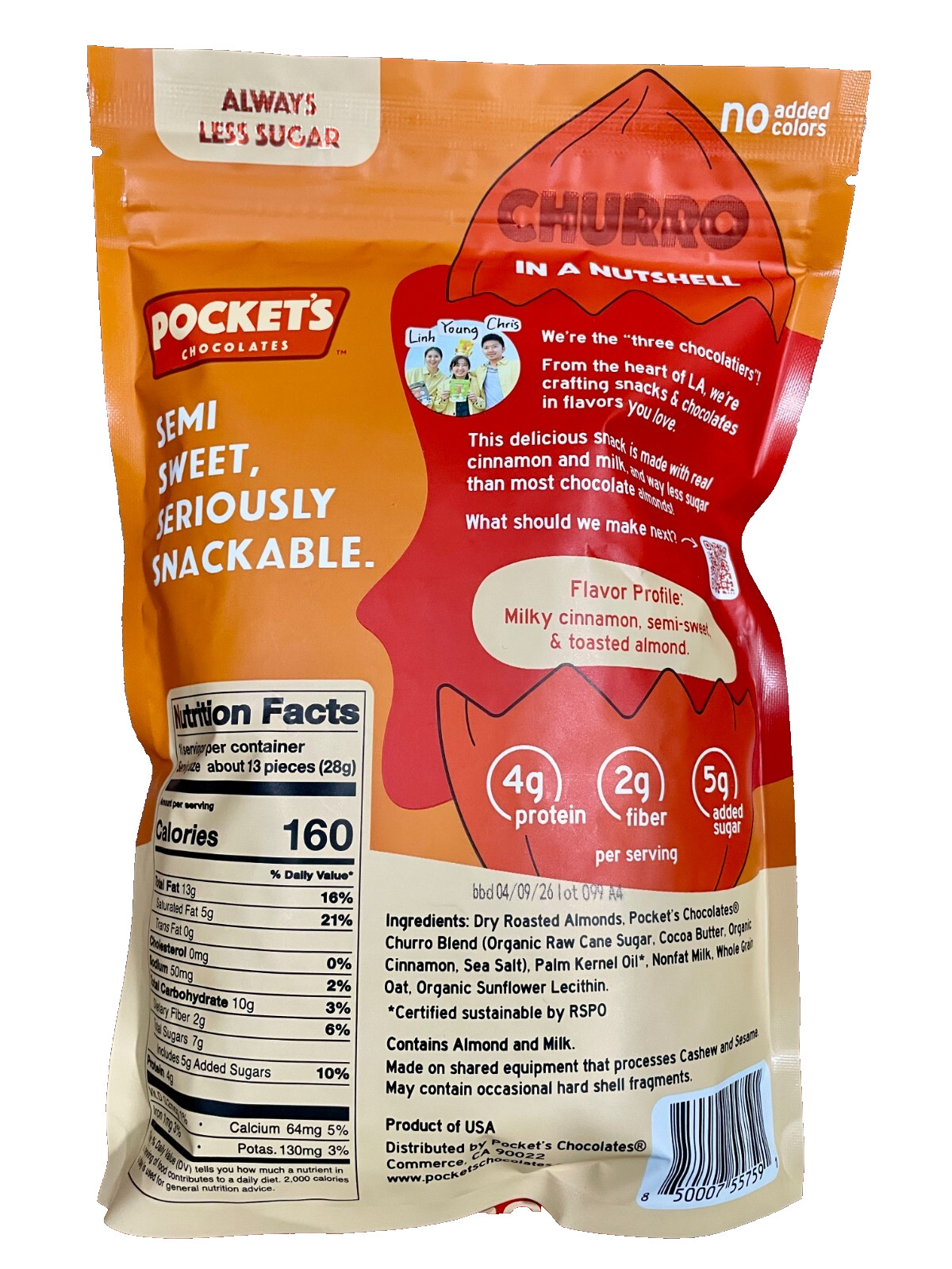 4-PACK Pocket Chocolate Churro Coated Crunchy Roasted Almonds 16 Oz. each bag