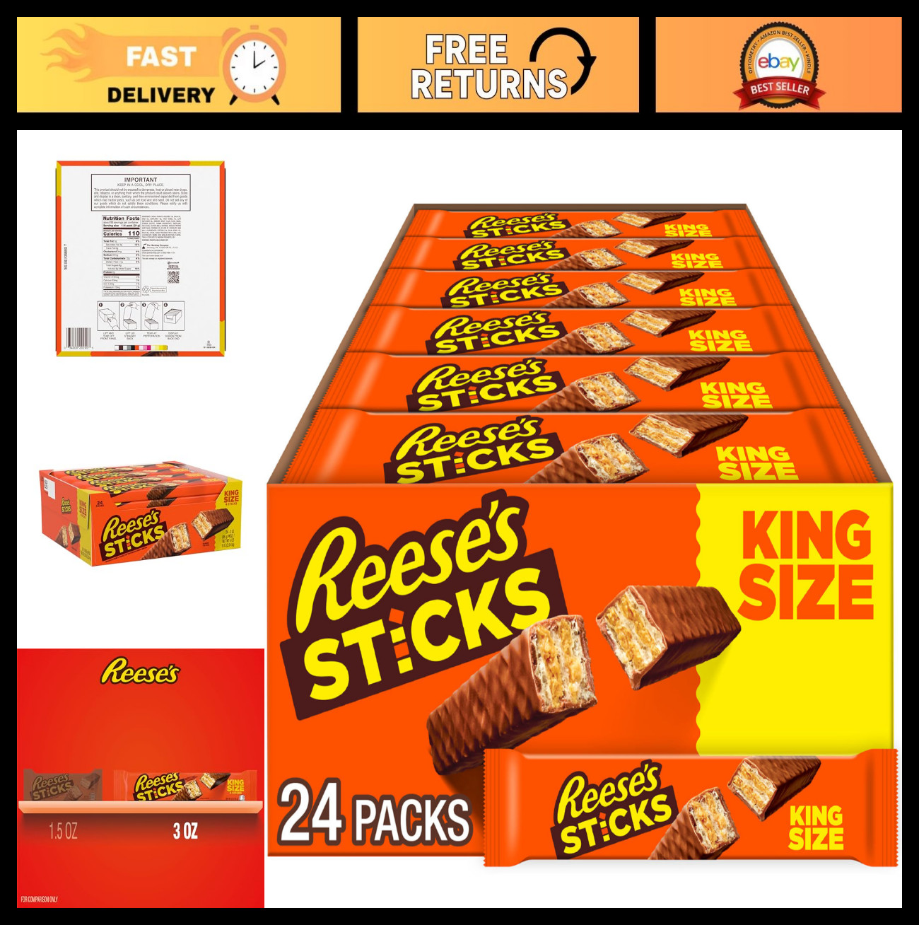 Milk Chocolate Peanut Butter Wafer Sticks, King Size Candy Packs, 3 oz (24 Count