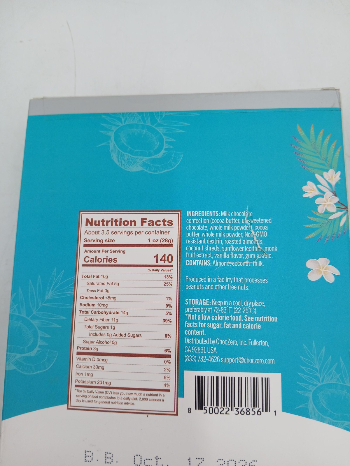 ChocZero Double Dipped Almonds Milk Coconut Chocolate 3.5 Oz Keto Gluten Free