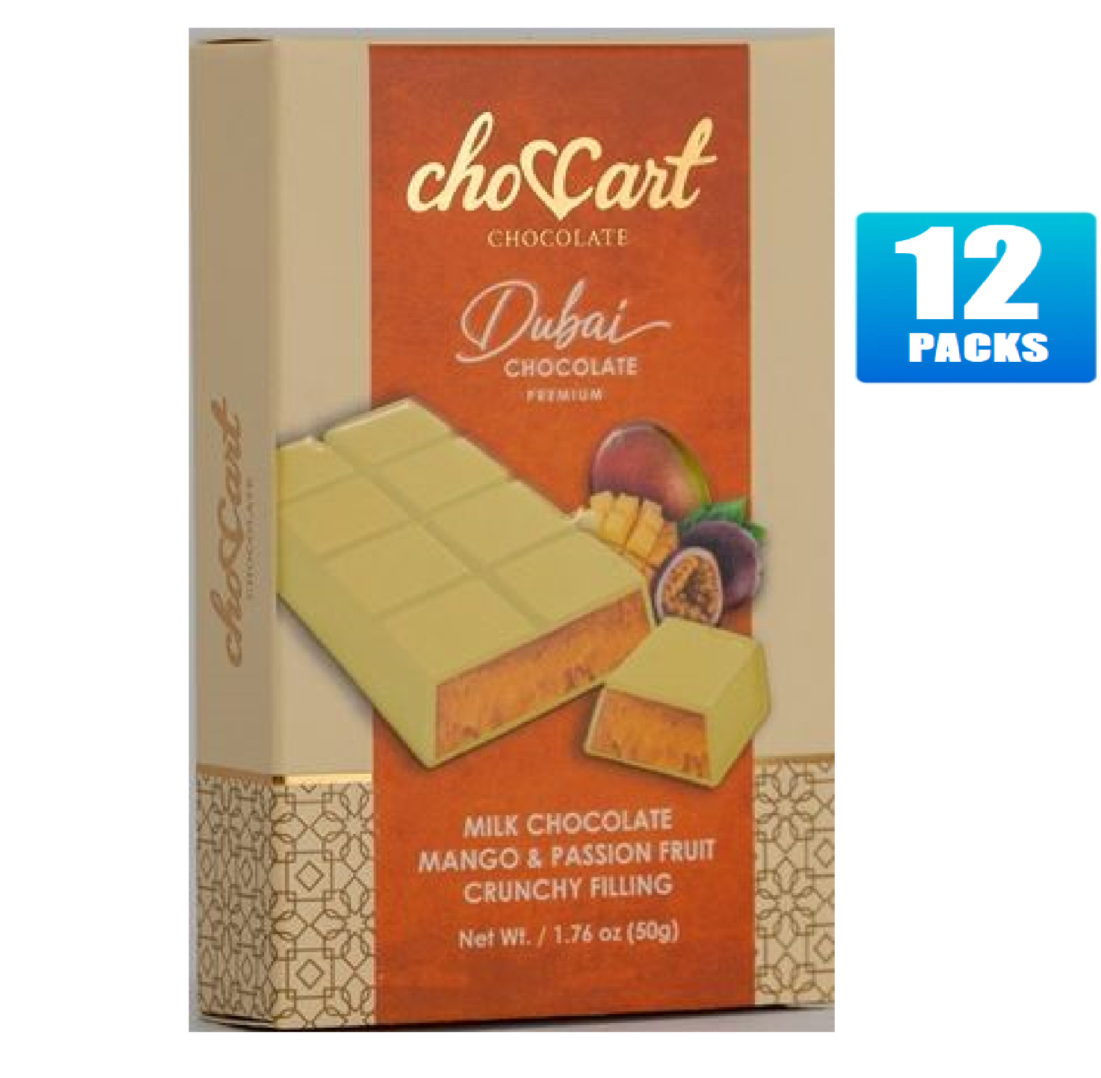 12x Packs Chocoart Dubai Chocolate Bar Mango & Passion Fruit – 1.76oz