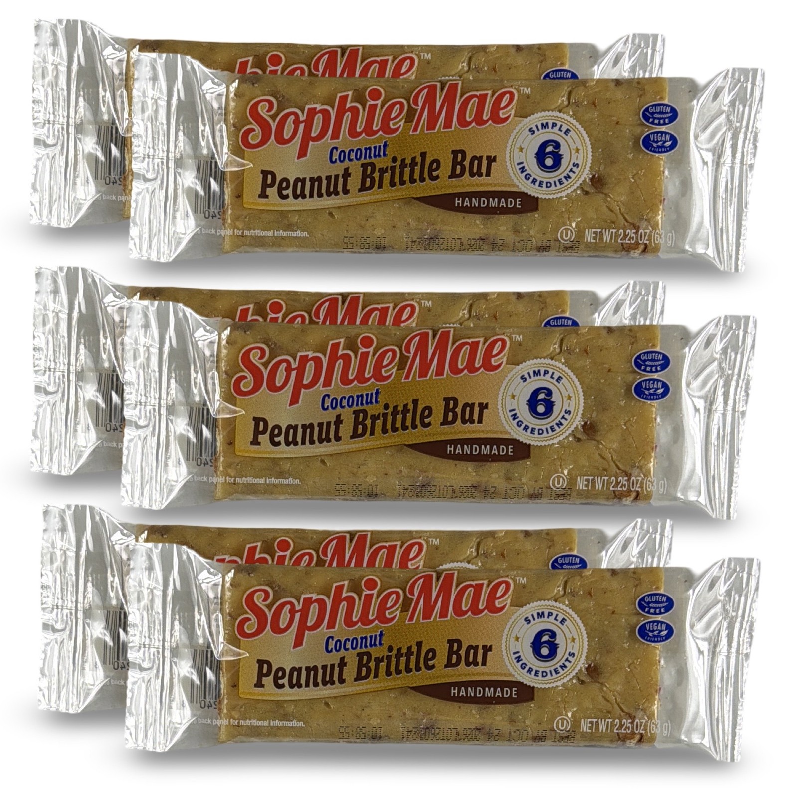 Sophie Mae Coconut Peanut Brittle Bars, 6 Count (2.25 oz Each) Made with 6 Simpl