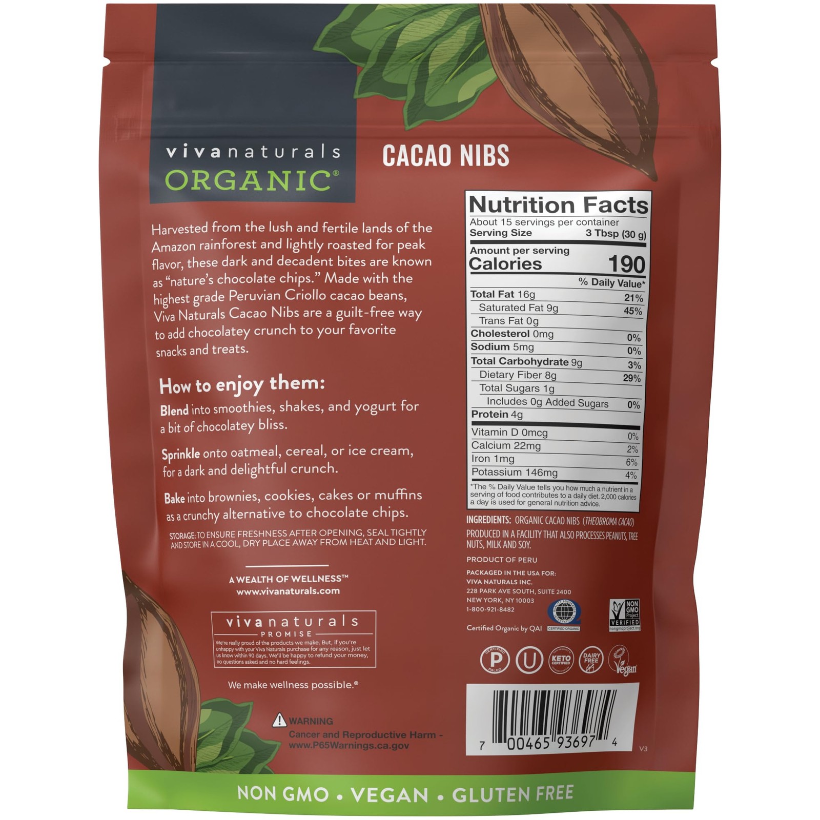 Organic Cacao Nibs 1LB – Unsweetened, Keto, Vegan, Non-GMO, Gluten-Free Subst…