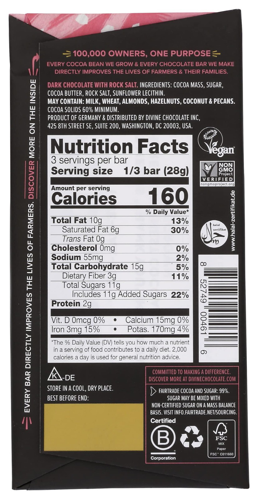 11/26 12 Bars Divine Chocolate Bars – 60% Dark Chocolate with Pink Himalayan Sal