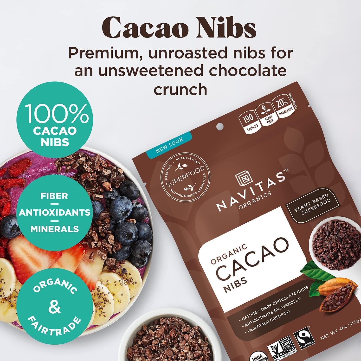 Unsweetened Cacao Nibs – 4oz Bag of Crunchy Dark Chocolate Packed with Nutrients