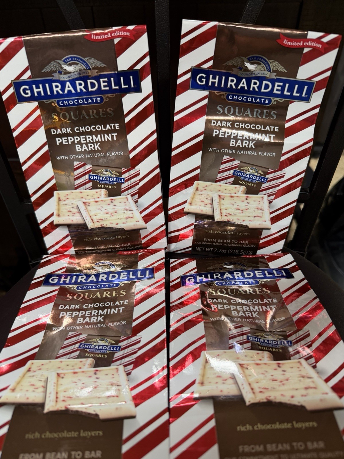 4 Bags Dark Chocolate Peppermint Bark Squares, 7.7 OZ Bags. Ghirardelli New